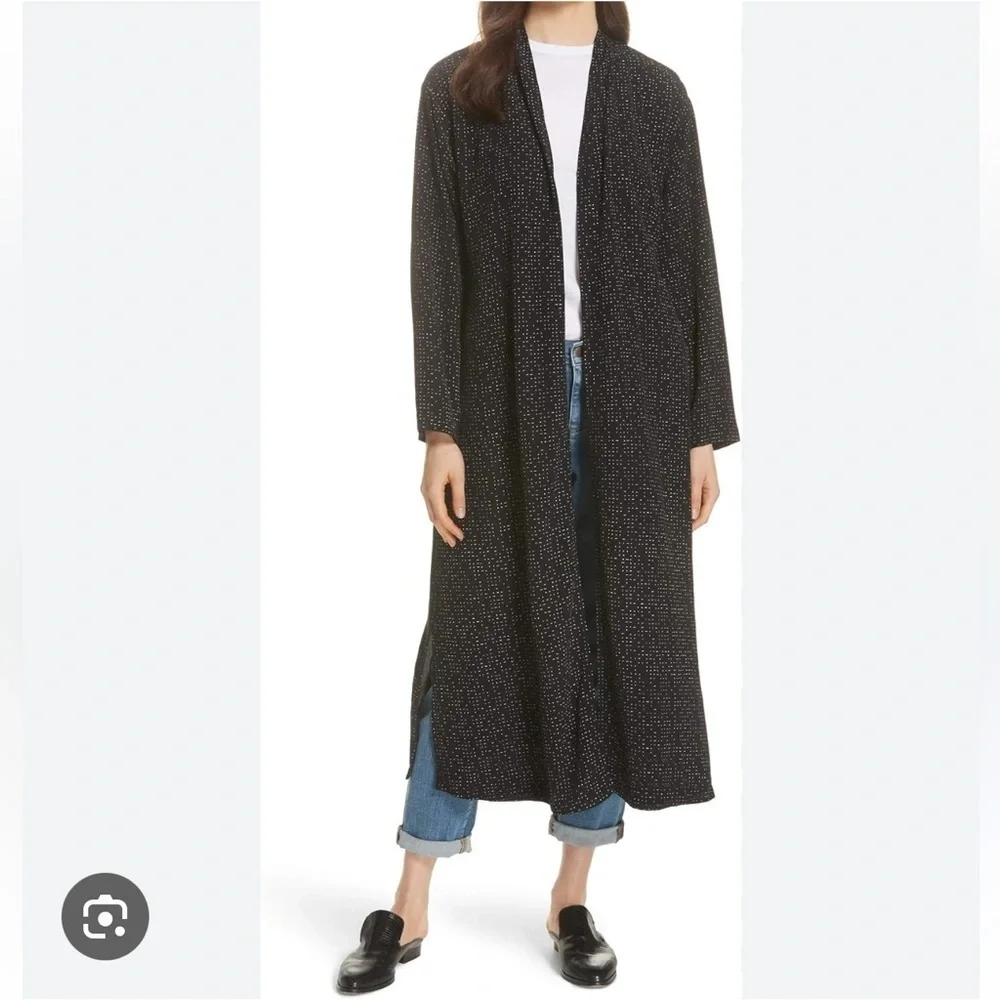 Eileen Fisher Black and White Speck Morse Code Duster Wrap Kimono Cardigan